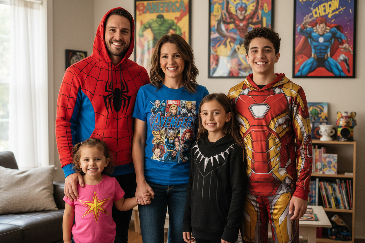 Family of 5 wearing Marvel apparel