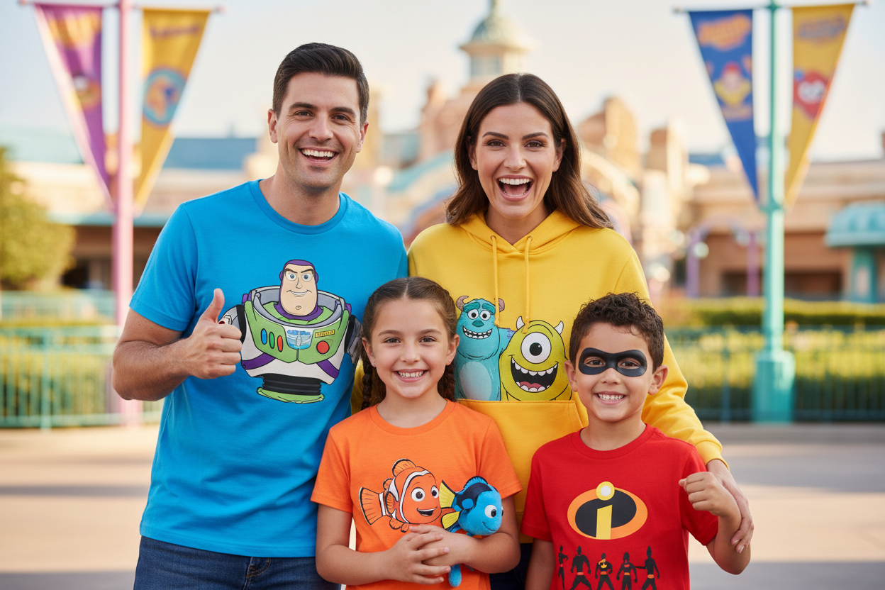 Family wearing Pixar apparel