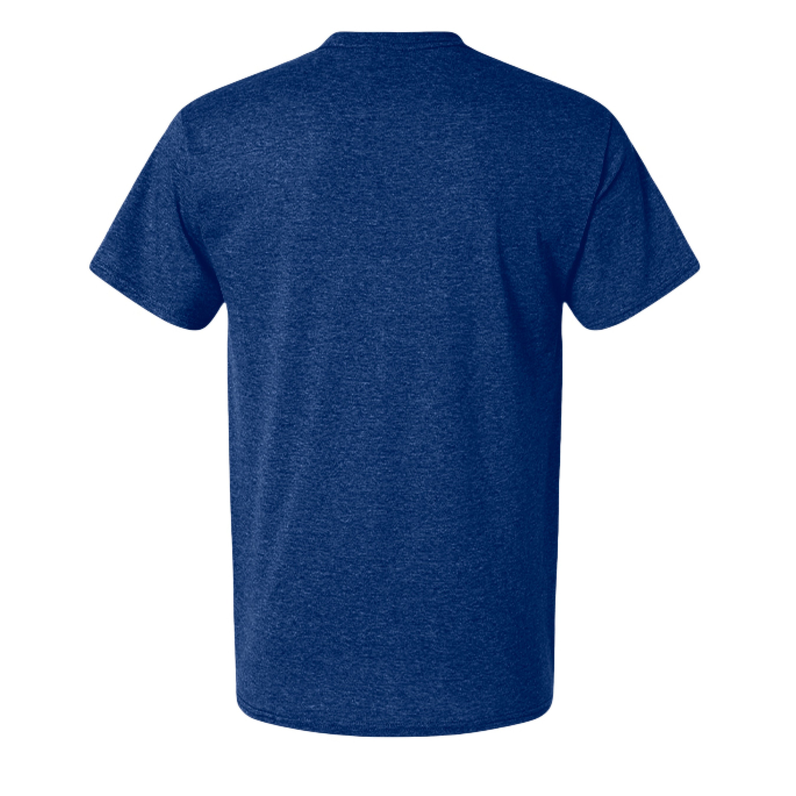 Action Hero Wear Hanes 42TB adult X-Temp tri-blend tee, showing a close-up of the navy shirt with the product label.