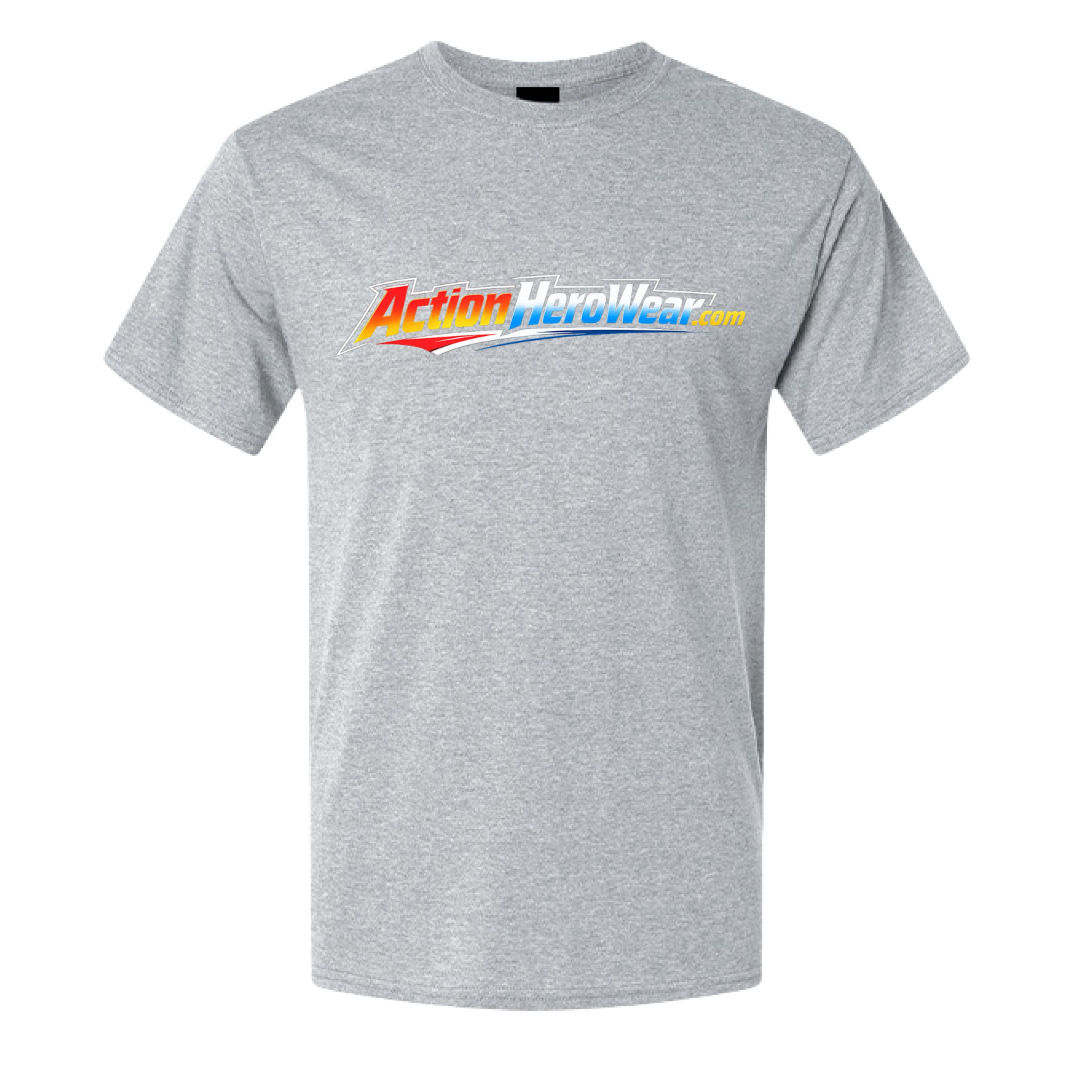 Adult man wearing Action Hero Wear Hanes 42TB X-Temp tri-blend tee in black, close-up of the front of the T-shirt.